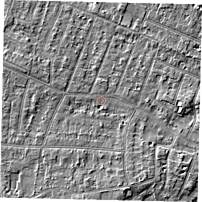 Shaded relief map of the ground around KT80HR, computed from Environment Agency LiDAR. The ground here sits at about 8 m above sea level and falls 5 m across the surrounding 800 m. Surface water reaching this point runs off ground lying to the south-south-west, 4.4 m higher.