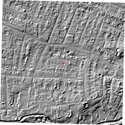 Shaded relief map of the ground around KT80HS, computed from Environment Agency LiDAR. The ground here sits at about 9 m above sea level and falls 6 m across the surrounding 800 m. Surface water reaching this point runs off ground lying to the south-west, 0.9 m higher.