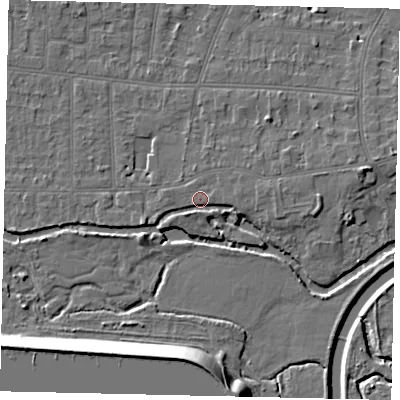Shaded relief map of the ground around KT80JT, computed from Environment Agency LiDAR. The ground here sits at about 10 m above sea level and falls 13 m across the surrounding 800 m. Surface water reaching this point runs off ground lying to the east-north-east, 0.8 m higher.