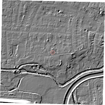 Shaded relief map of the ground around KT80JX, computed from Environment Agency LiDAR. The ground here sits at about 11 m above sea level and falls 13 m across the surrounding 800 m. Surface water reaching this point runs off ground lying to the east, 0.7 m higher.