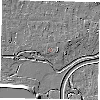 Shaded relief map of the ground around KT80NN, computed from Environment Agency LiDAR. The ground here sits at about 11 m above sea level and falls 13 m across the surrounding 800 m. Surface water reaching this point runs off ground lying to the east-north-east, 0.9 m higher.