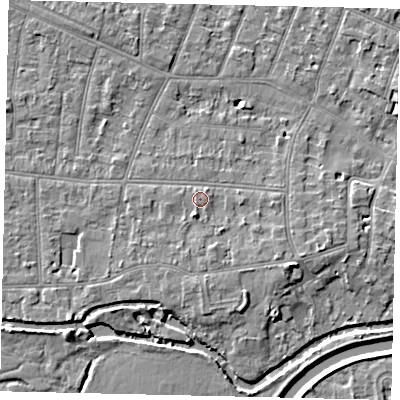 Shaded relief map of the ground around KT80PA, computed from Environment Agency LiDAR. The ground here sits at about 10 m above sea level and falls 6 m across the surrounding 800 m. Surface water reaching this point runs off ground lying to the south-south-west, 1.7 m higher.