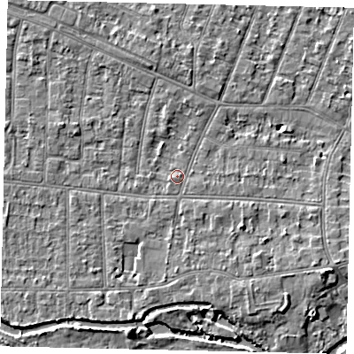 Shaded relief map of the ground around KT80PB, computed from Environment Agency LiDAR. The ground here sits at about 10 m above sea level and falls 5 m across the surrounding 800 m. Surface water reaching this point runs off ground lying to the east-south-east, 0.6 m higher.