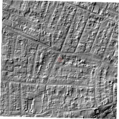 Shaded relief map of the ground around KT80PF, computed from Environment Agency LiDAR. The ground here sits at about 9 m above sea level and falls 5 m across the surrounding 800 m. Surface water reaching this point runs off ground lying to the south-south-east, 2.6 m higher.