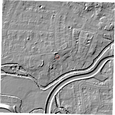 Shaded relief map of the ground around KT80SR, computed from Environment Agency LiDAR. The ground here sits at about 10 m above sea level and falls 13 m across the surrounding 800 m. Surface water reaching this point runs off ground lying to the north-north-west, 3.0 m higher.