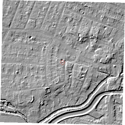 Shaded relief map of the ground around KT80ST, computed from Environment Agency LiDAR. The ground here sits at about 10 m above sea level and falls 6 m across the surrounding 800 m. Surface water reaching this point runs off ground lying to the south-south-west, 2.3 m higher.