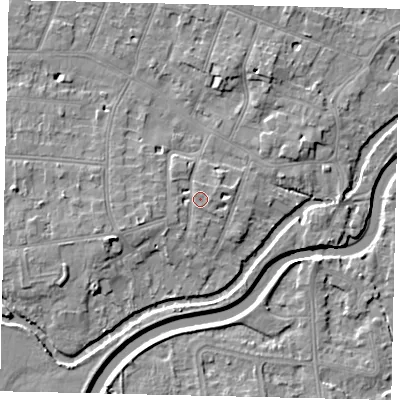 Shaded relief map of the ground around KT80SU, computed from Environment Agency LiDAR. The ground here sits at about 10 m above sea level and falls 6 m across the surrounding 800 m. Surface water reaching this point runs off ground lying to the east, 0.8 m higher.