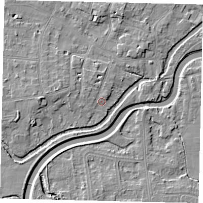 Shaded relief map of the ground around KT80SX, computed from Environment Agency LiDAR. The ground here sits at about 9 m above sea level and falls 6 m across the surrounding 800 m. Surface water reaching this point runs off ground lying to the west, 2.1 m higher.
