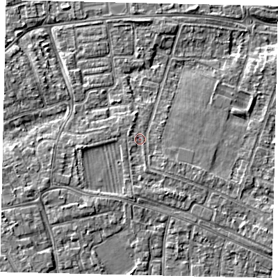 Shaded relief map of the ground around KT81NU, computed from Environment Agency LiDAR. The ground here sits at about 10 m above sea level and falls 4 m across the surrounding 800 m. Surface water reaching this point runs off ground lying to the west, 1.7 m higher.