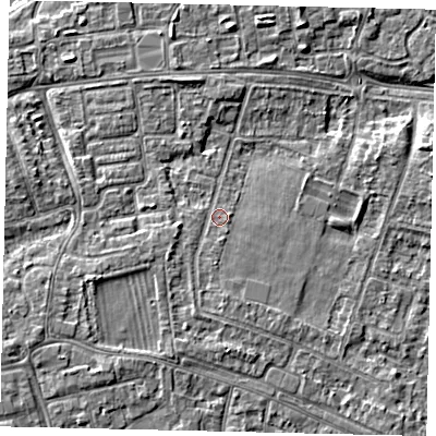 Shaded relief map of the ground around KT81NX, computed from Environment Agency LiDAR. The ground here sits at about 9 m above sea level and falls 5 m across the surrounding 800 m. Surface water reaching this point runs off ground lying to the south-south-west, 1.7 m higher.