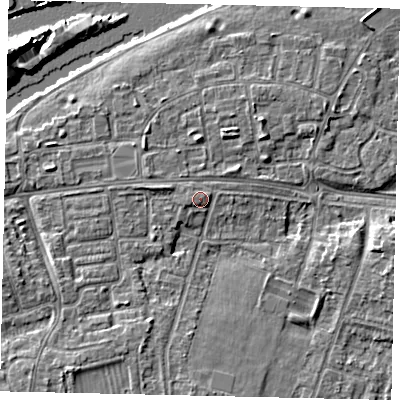 Shaded relief map of the ground around KT81NY, computed from Environment Agency LiDAR. The ground here sits at about 10 m above sea level and falls 9 m across the surrounding 800 m. Surface water reaching this point runs off ground lying to the west, 1.1 m higher.