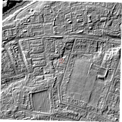 Shaded relief map of the ground around KT81PA, computed from Environment Agency LiDAR. The ground here sits at about 8 m above sea level and falls 10 m across the surrounding 800 m. Surface water reaching this point runs off ground lying to the south, 2.1 m higher.
