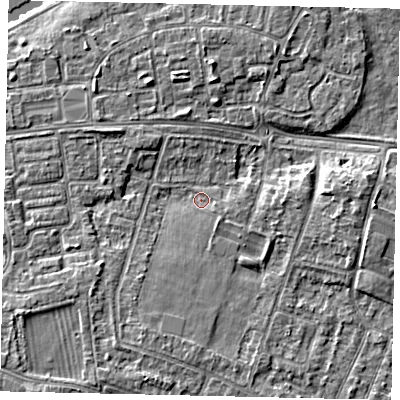 Shaded relief map of the ground around KT81PB, computed from Environment Agency LiDAR. The ground here sits at about 8 m above sea level and falls 5 m across the surrounding 800 m. Surface water reaching this point runs off ground lying to the south-south-west, 2.6 m higher.