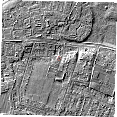 Shaded relief map of the ground around KT81PD, computed from Environment Agency LiDAR. The ground here sits at about 9 m above sea level and falls 5 m across the surrounding 800 m. Surface water reaching this point runs off ground lying to the east, 1.9 m higher.