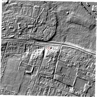 Shaded relief map of the ground around KT81PE, computed from Environment Agency LiDAR. The ground here sits at about 9 m above sea level and falls 7 m across the surrounding 800 m. Surface water reaching this point runs off ground lying to the south-east, 3.0 m higher.