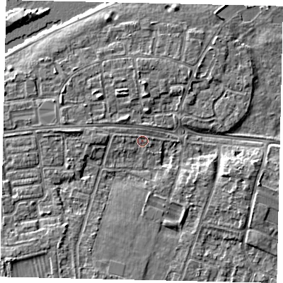 Shaded relief map of the ground around KT81PF, computed from Environment Agency LiDAR. The ground here sits at about 9 m above sea level and falls 5 m across the surrounding 800 m. Surface water reaching this point runs off ground lying to the west, 1.5 m higher.