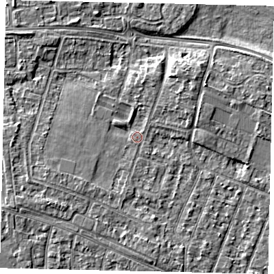 Shaded relief map of the ground around KT81PG, computed from Environment Agency LiDAR. The ground here sits at about 9 m above sea level and falls 5 m across the surrounding 800 m. Surface water reaching this point runs off ground lying to the north-east, 2.7 m higher.