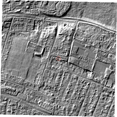 Shaded relief map of the ground around KT81PH, computed from Environment Agency LiDAR. The ground here sits at about 9 m above sea level and falls 5 m across the surrounding 800 m. Surface water reaching this point runs off ground lying to the north-north-east, 2.9 m higher.
