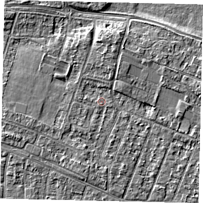 Shaded relief map of the ground around KT81PJ, computed from Environment Agency LiDAR. The ground here sits at about 9 m above sea level and falls 5 m across the surrounding 800 m. Surface water reaching this point runs off ground lying to the west-south-west, 2.6 m higher.