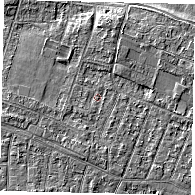 Shaded relief map of the ground around KT81PL, computed from Environment Agency LiDAR. The ground here sits at about 9 m above sea level and falls 5 m across the surrounding 800 m. Surface water reaching this point runs off ground lying to the south-west, 1.1 m higher.