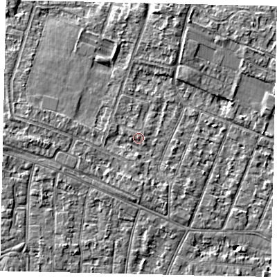 Shaded relief map of the ground around KT81PN, computed from Environment Agency LiDAR. The ground here sits at about 9 m above sea level and falls 5 m across the surrounding 800 m. Surface water reaching this point runs off ground lying to the west, 2.1 m higher.