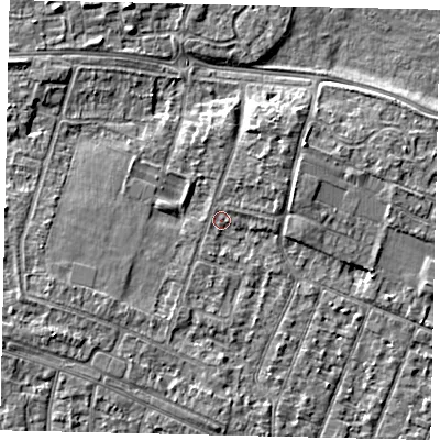 Shaded relief map of the ground around KT81PQ, computed from Environment Agency LiDAR. The ground here sits at about 9 m above sea level and falls 5 m across the surrounding 800 m. Surface water reaching this point runs off ground lying to the north-east, 2.9 m higher.