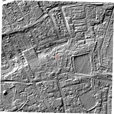 Shaded relief map of the ground around KT81PU, computed from Environment Agency LiDAR. The ground here sits at about 10 m above sea level and falls 7 m across the surrounding 800 m. Surface water reaching this point runs off ground lying to the south-south-west, 1.5 m higher.