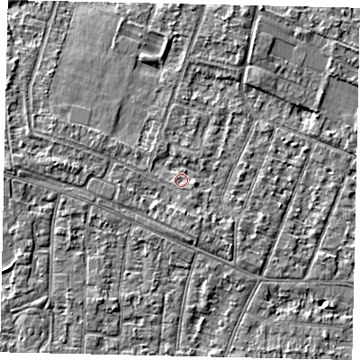 Shaded relief map of the ground around KT81PW, computed from Environment Agency LiDAR. The ground here sits at about 9 m above sea level and falls 5 m across the surrounding 800 m. Surface water reaching this point runs off ground lying to the south, 2.0 m higher.