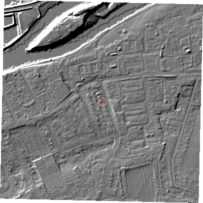 Shaded relief map of the ground around KT81PX, computed from Environment Agency LiDAR. The ground here sits at about 8 m above sea level and falls 13 m across the surrounding 800 m. Surface water reaching this point runs off ground lying to the south-south-east, 3.7 m higher.