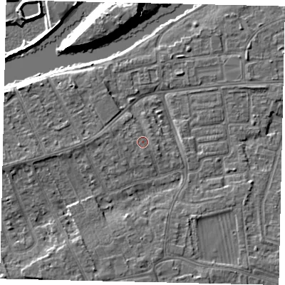 Shaded relief map of the ground around KT81PZ, computed from Environment Agency LiDAR. The ground here sits at about 10 m above sea level and falls 13 m across the surrounding 800 m. Surface water reaching this point runs off ground lying to the south-south-east, 0.7 m higher.