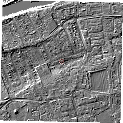 Shaded relief map of the ground around KT81QA, computed from Environment Agency LiDAR. The ground here sits at about 9 m above sea level and falls 10 m across the surrounding 800 m. Surface water reaching this point runs off ground lying to the east-south-east, 2.8 m higher.