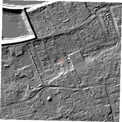 Shaded relief map of the ground around KT81QE, computed from Environment Agency LiDAR. The ground here sits at about 9 m above sea level and falls 9 m across the surrounding 800 m. Surface water reaching this point runs off ground lying to the south-south-east, 3.2 m higher.