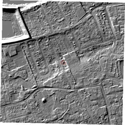 Shaded relief map of the ground around KT81QF, computed from Environment Agency LiDAR. The ground here sits at about 9 m above sea level and falls 9 m across the surrounding 800 m. Surface water reaching this point runs off ground lying to the south, 3.1 m higher.