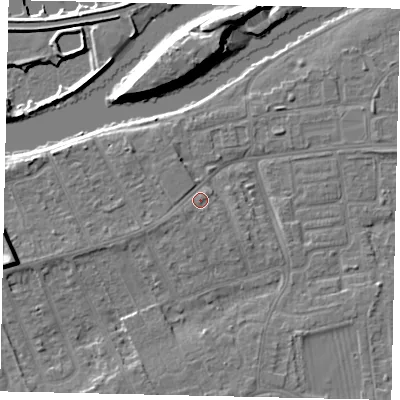 Shaded relief map of the ground around KT81QN, computed from Environment Agency LiDAR. The ground here sits at about 10 m above sea level and falls 13 m across the surrounding 800 m. Surface water reaching this point runs off ground lying to the west-south-west, 1.2 m higher.