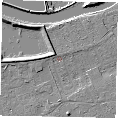 Shaded relief map of the ground around KT81QS, computed from Environment Agency LiDAR. The ground here sits at about 10 m above sea level and falls 12 m across the surrounding 800 m. Surface water reaching this point runs off ground lying to the north-west, 5.5 m higher.