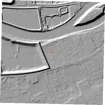 Shaded relief map of the ground around KT81QY, computed from Environment Agency LiDAR. The ground here sits at about 10 m above sea level and falls 14 m across the surrounding 800 m. Surface water reaching this point runs off ground lying to the south-south-west, 5.2 m higher.