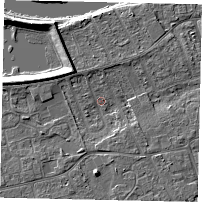 Shaded relief map of the ground around KT81RA, computed from Environment Agency LiDAR. The ground here sits at about 9 m above sea level and falls 9 m across the surrounding 800 m. Surface water reaching this point runs off ground lying to the north-west, 6.4 m higher.