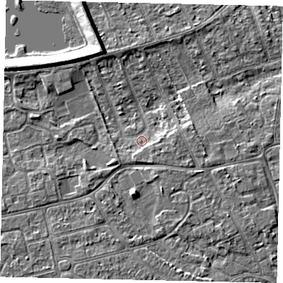 Shaded relief map of the ground around KT81RB, computed from Environment Agency LiDAR. The ground here sits at about 10 m above sea level and falls 7 m across the surrounding 800 m. Surface water reaching this point runs off ground lying to the east, 3.2 m higher.