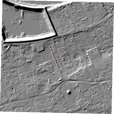 Shaded relief map of the ground around KT81RD, computed from Environment Agency LiDAR. The ground here sits at about 9 m above sea level and falls 9 m across the surrounding 800 m. Surface water reaching this point runs off ground lying to the west-north-west, 6.5 m higher.