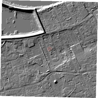 Shaded relief map of the ground around KT81RE, computed from Environment Agency LiDAR. The ground here sits at about 9 m above sea level and falls 9 m across the surrounding 800 m. Surface water reaching this point runs off ground lying to the north-north-west, 6.4 m higher.