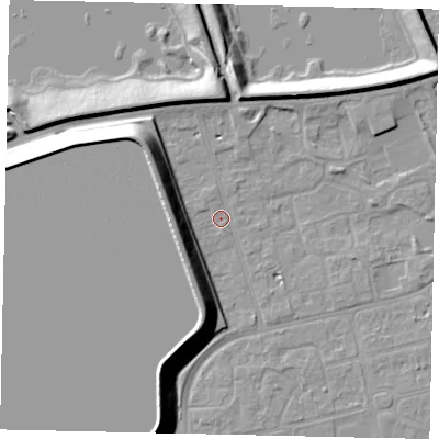 Shaded relief map of the ground around KT81RG, computed from Environment Agency LiDAR. The ground here sits at about 10 m above sea level and falls 14 m across the surrounding 800 m. Surface water reaching this point runs off ground lying to the south-south-west, 11.7 m higher.
