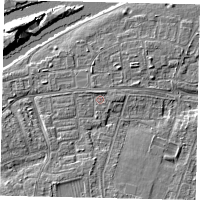 Shaded relief map of the ground around KT81RP, computed from Environment Agency LiDAR. The ground here sits at about 9 m above sea level and falls 11 m across the surrounding 800 m. Surface water reaching this point runs off ground lying to the north, 1.2 m higher.