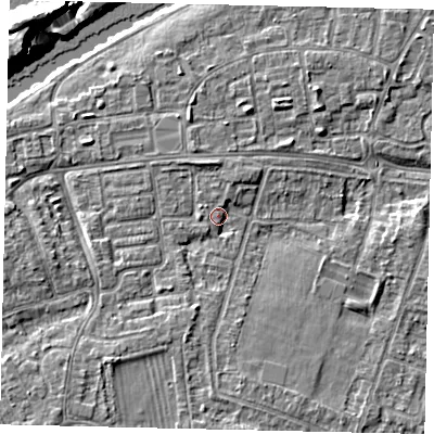 Shaded relief map of the ground around KT81RR, computed from Environment Agency LiDAR. The ground here sits at about 9 m above sea level and falls 10 m across the surrounding 800 m. Surface water reaching this point runs off ground lying to the south-west, 3.8 m higher.
