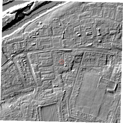 Shaded relief map of the ground around KT81RS, computed from Environment Agency LiDAR. The ground here sits at about 9 m above sea level and falls 11 m across the surrounding 800 m. Surface water reaching this point runs off ground lying to the south-south-west, 3.7 m higher.