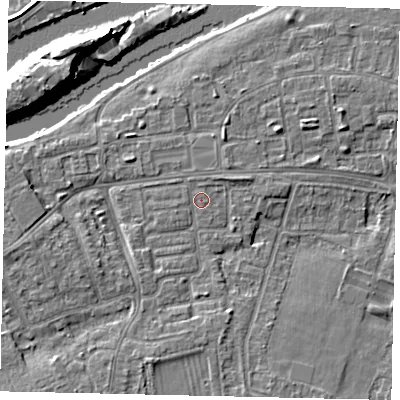 Shaded relief map of the ground around KT81RT, computed from Environment Agency LiDAR. The ground here sits at about 9 m above sea level and falls 12 m across the surrounding 800 m. Surface water reaching this point runs off ground lying to the north-north-east, 0.7 m higher.