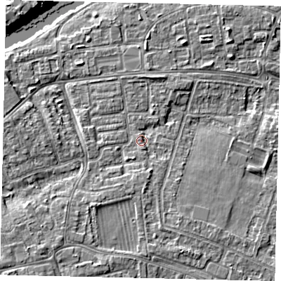 Shaded relief map of the ground around KT81RU, computed from Environment Agency LiDAR. The ground here sits at about 9 m above sea level and falls 11 m across the surrounding 800 m. Surface water reaching this point runs off ground lying to the south-east, 1.7 m higher.