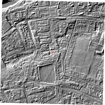 Shaded relief map of the ground around KT81RX, computed from Environment Agency LiDAR. The ground here sits at about 9 m above sea level and falls 11 m across the surrounding 800 m. Surface water reaching this point runs off ground lying to the south-west, 2.5 m higher.