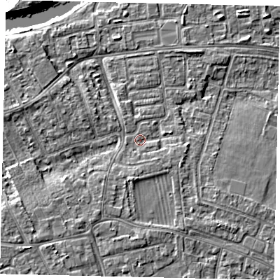 Shaded relief map of the ground around KT81RY, computed from Environment Agency LiDAR. The ground here sits at about 9 m above sea level and falls 11 m across the surrounding 800 m. Surface water reaching this point runs off ground lying to the south, 1.7 m higher.