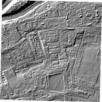 Shaded relief map of the ground around KT81RZ, computed from Environment Agency LiDAR. The ground here sits at about 9 m above sea level and falls 12 m across the surrounding 800 m. Surface water reaching this point runs off ground lying to the west-south-west, 1.3 m higher.