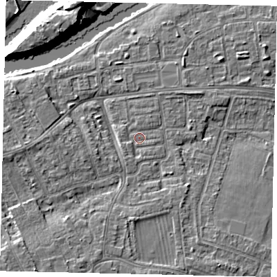 Shaded relief map of the ground around KT81SA, computed from Environment Agency LiDAR. The ground here sits at about 9 m above sea level and falls 12 m across the surrounding 800 m. Surface water reaching this point runs off ground lying to the west, 3.2 m higher.